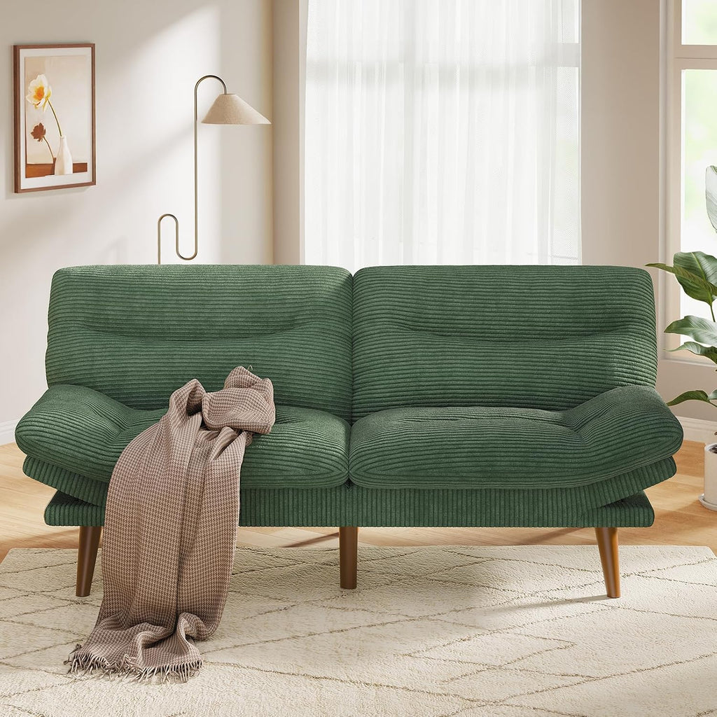 Pipishell Convertible Futon Sofa Bed,66 Corduroy Futon Couch with Adjustable Backrest and Armrests, Recliner Sleeper Sofa for Small Spaces, Play Room or Office, Grey