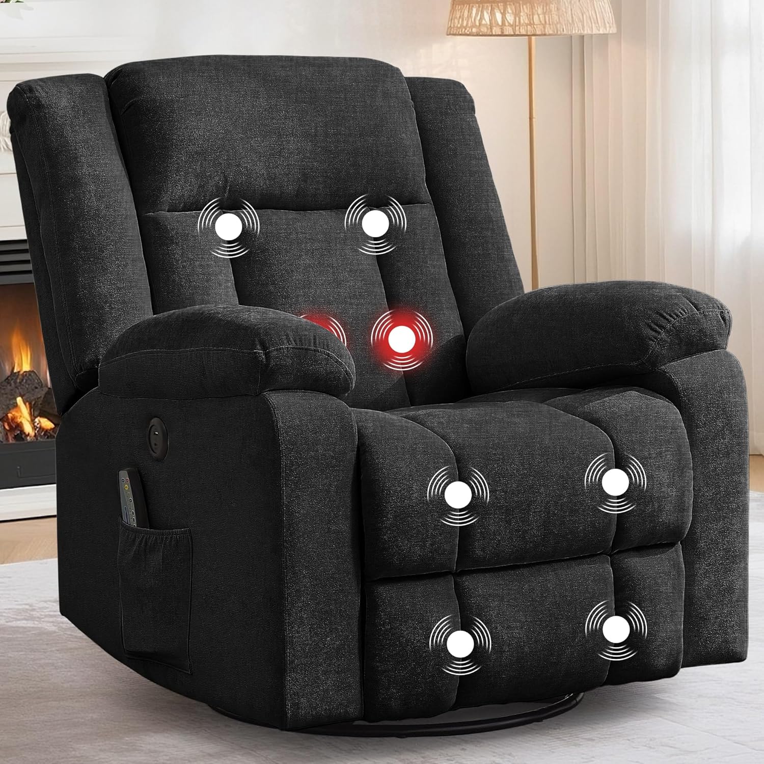 Adult rocking chair, gliding recliner, 360° rotating rocking chair with massage and heating function