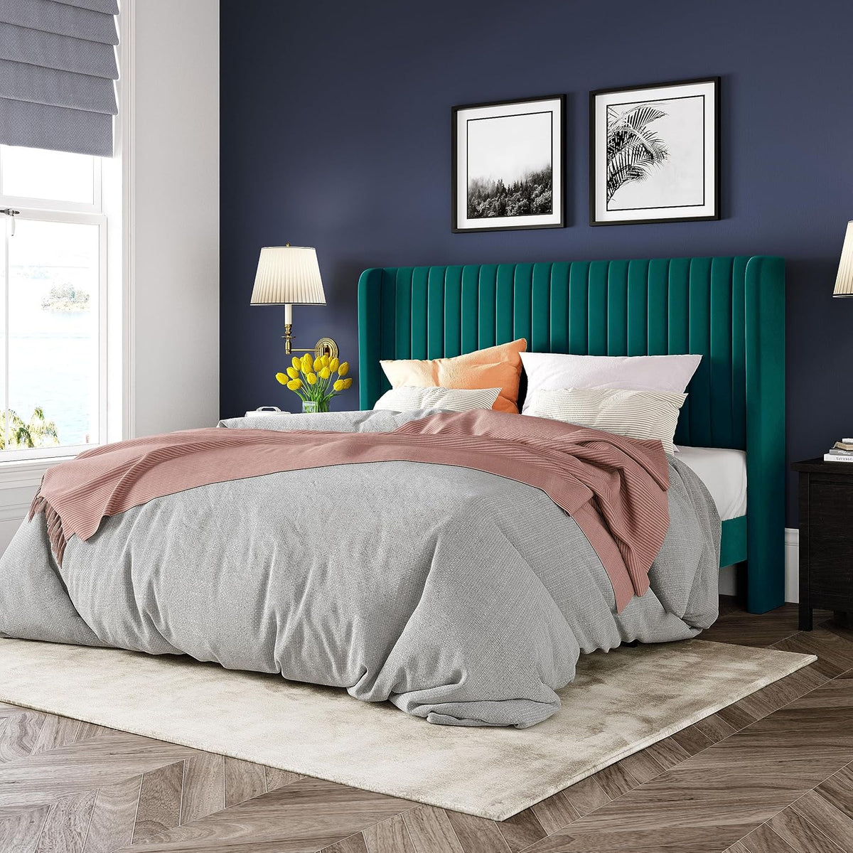 Allewie Full Size Velvet Bed Frame Vertical Channel Tufted Wingback Headboard Upholstered Bed