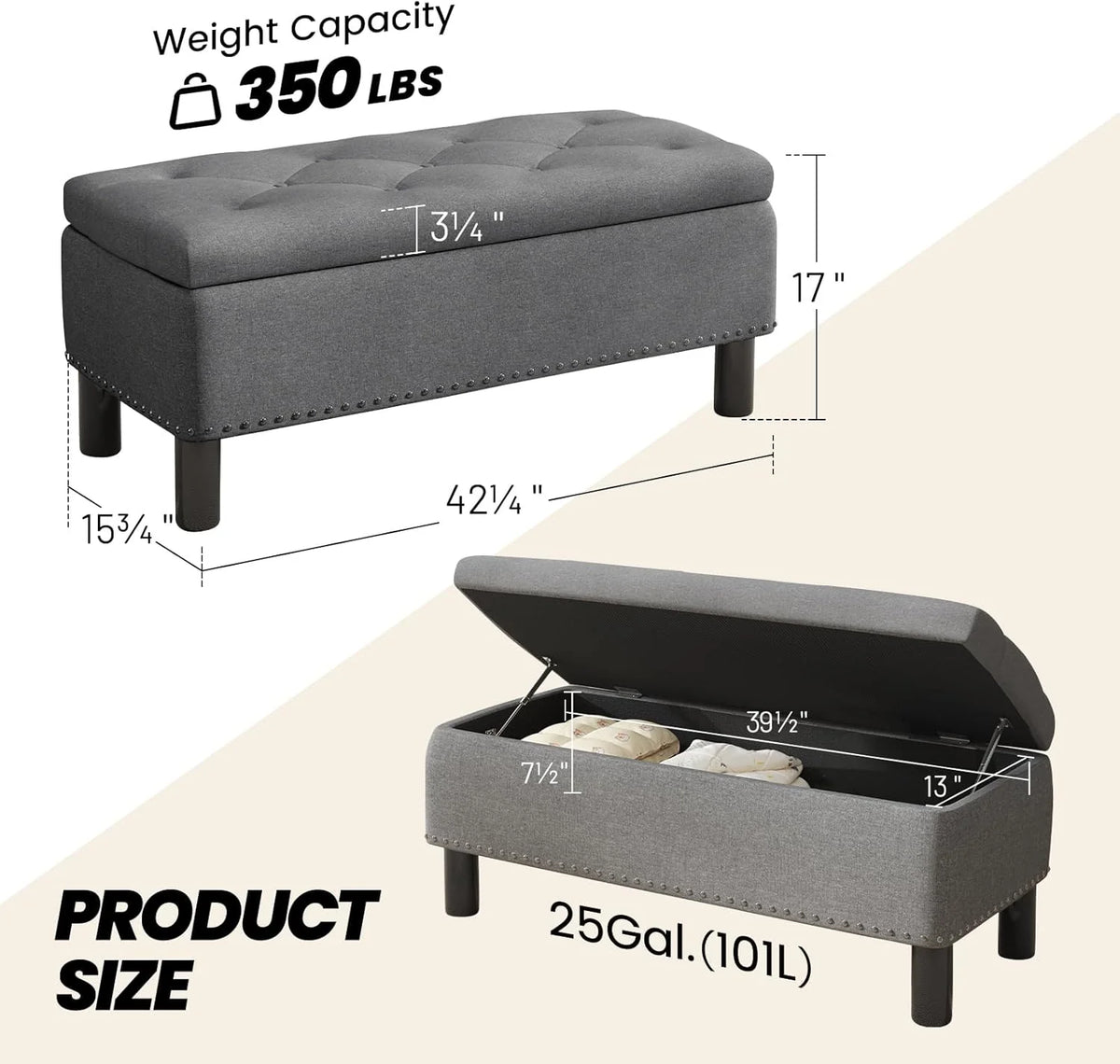 Furniliving Modern Storage Ottoman Bench, Sherpa Ottoman End of Bed Bench with Solid Wood Legs Upholstered Ottoman Benches with Storage Indoor Bench