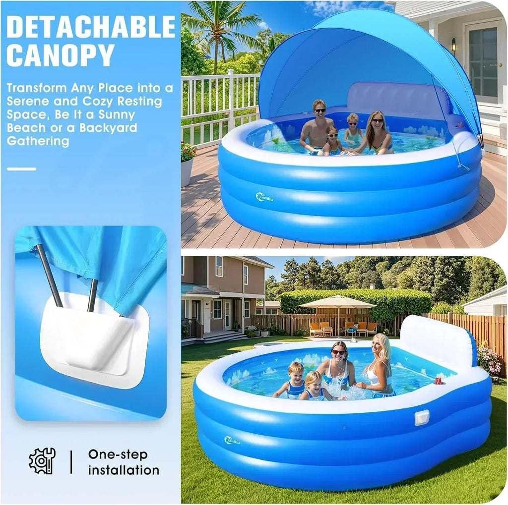 2025 Upgraded Inflatable Pool with Canopy Inflatable Family Lounge Pool Round Blow Up Pool