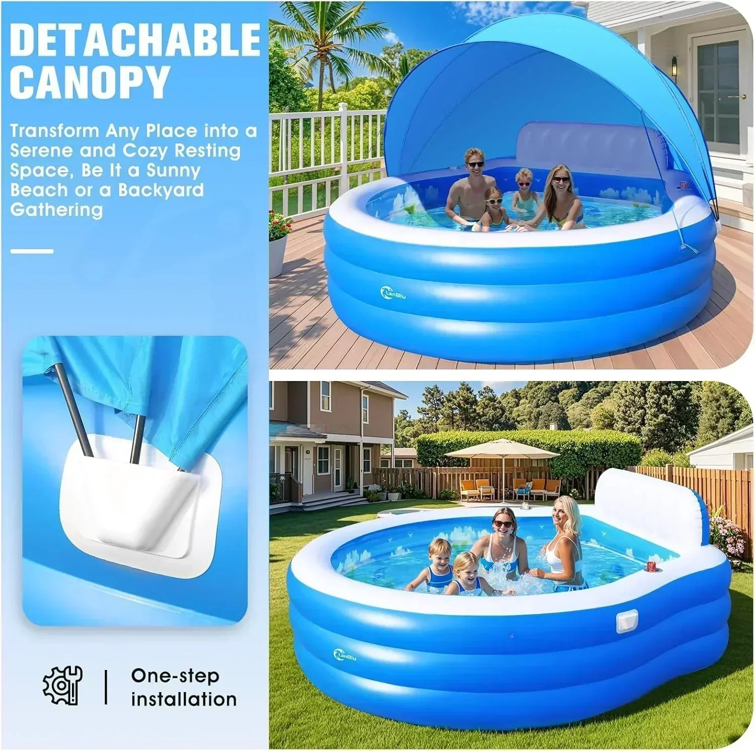 2025 Upgraded Inflatable Pool with Canopy Inflatable Family Lounge Pool Round Blow Up Pool