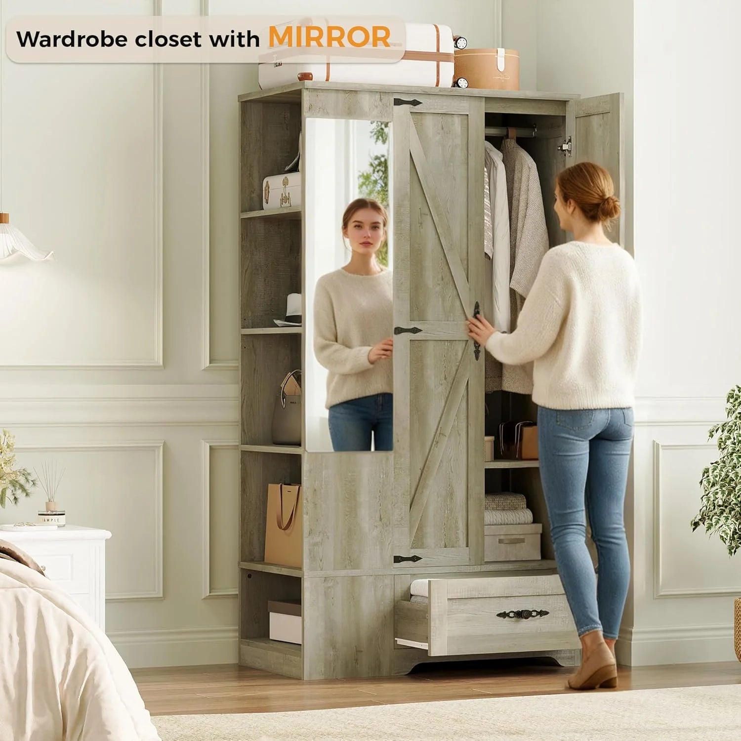 ANCTOR Armoire Wardrobe Closet with Mirror, 70 H Wooden Bedroom Armoires and Wardrobes