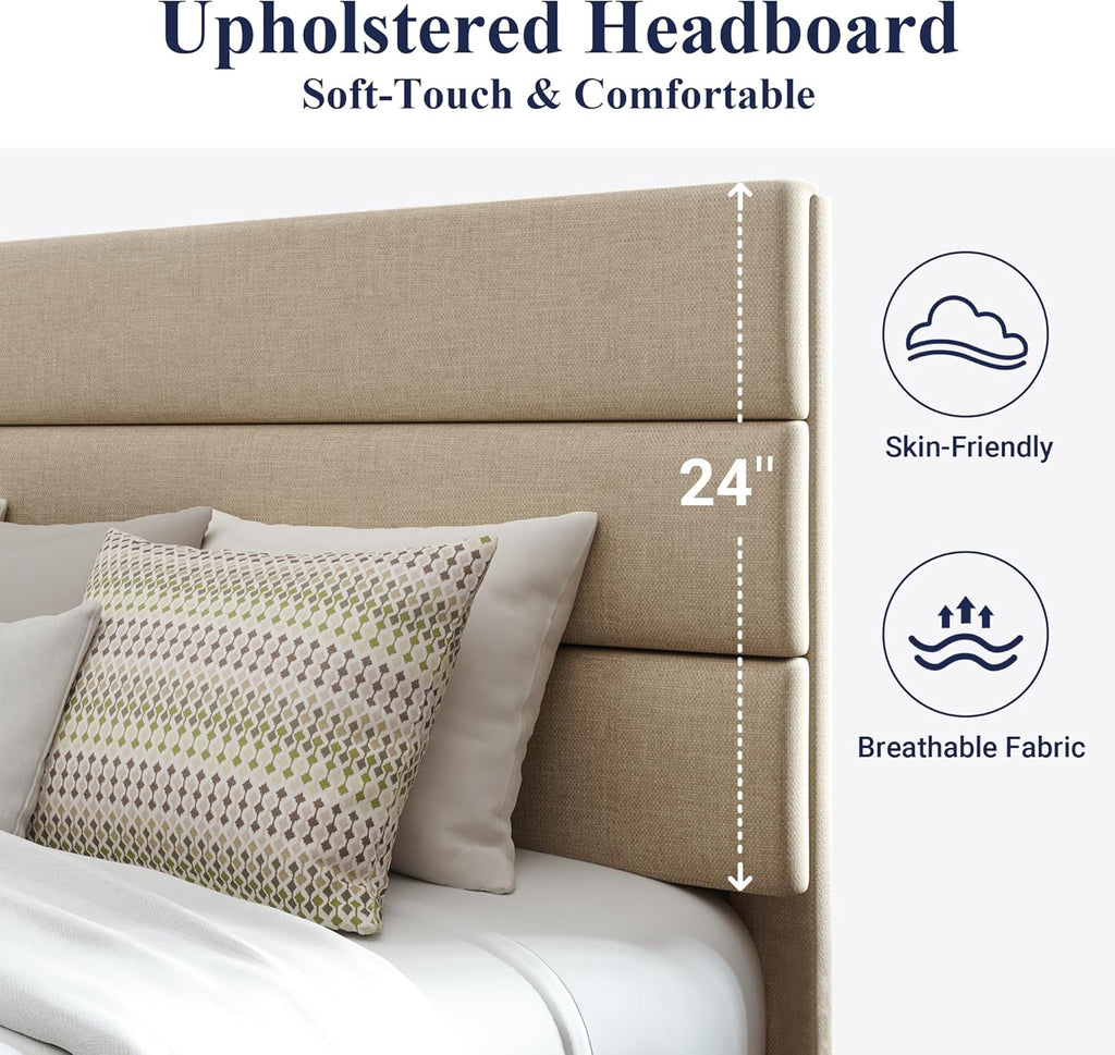 Allewie King size platform bed frame with velvet upholstered headboard and planks