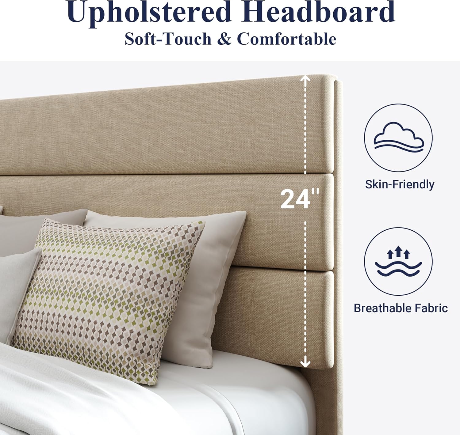 Allewie King size platform bed frame with velvet upholstered headboard and planks