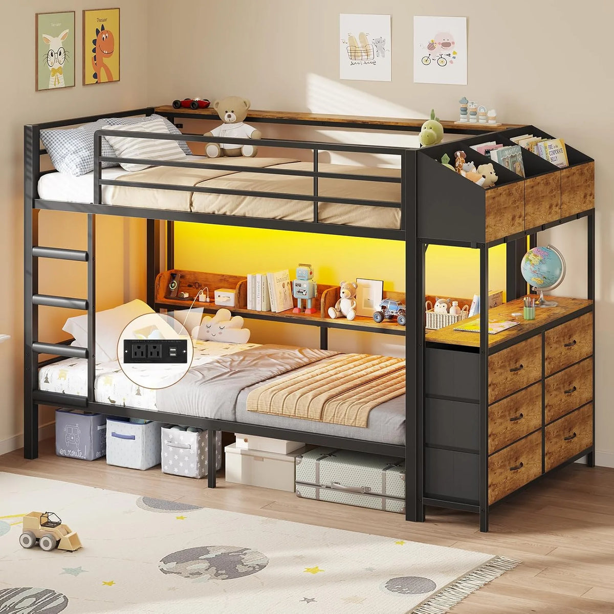 DICTAC Bunk Bed with L-Shaped Desk 5 Storage Drawers and 2 Shelves Metal Twin XL