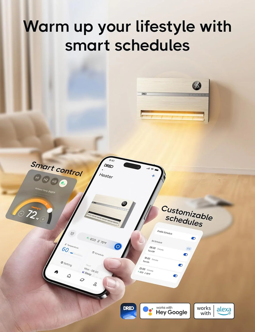 Dreo Smart Wall Heater, Electric Space Heater for Bedroom 1500W, 120�� Vertical Oscillation, Adjustable Thermostat, Remote Control, 24H Timer, Easy-Mount Heater for Indoor Use, Works with Alexa, WH719S