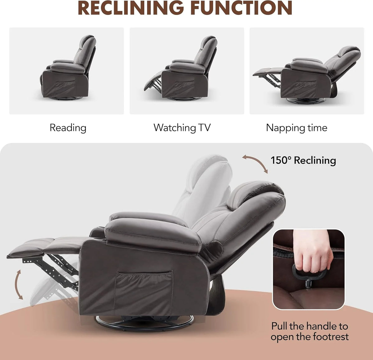 Large Swivel Rocking Recliner with Heating and Massage Function, 360 Degree Swivel Rocking Single Sofa
