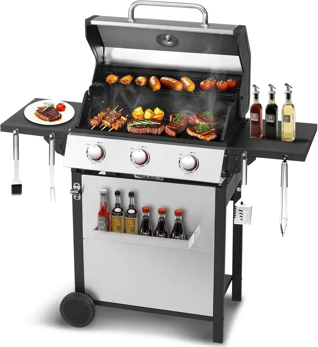 3-Burner Propane Gas Grill 30,000 BTU Output Double-layer Stainless Steel Grill Lid Cooking Grids