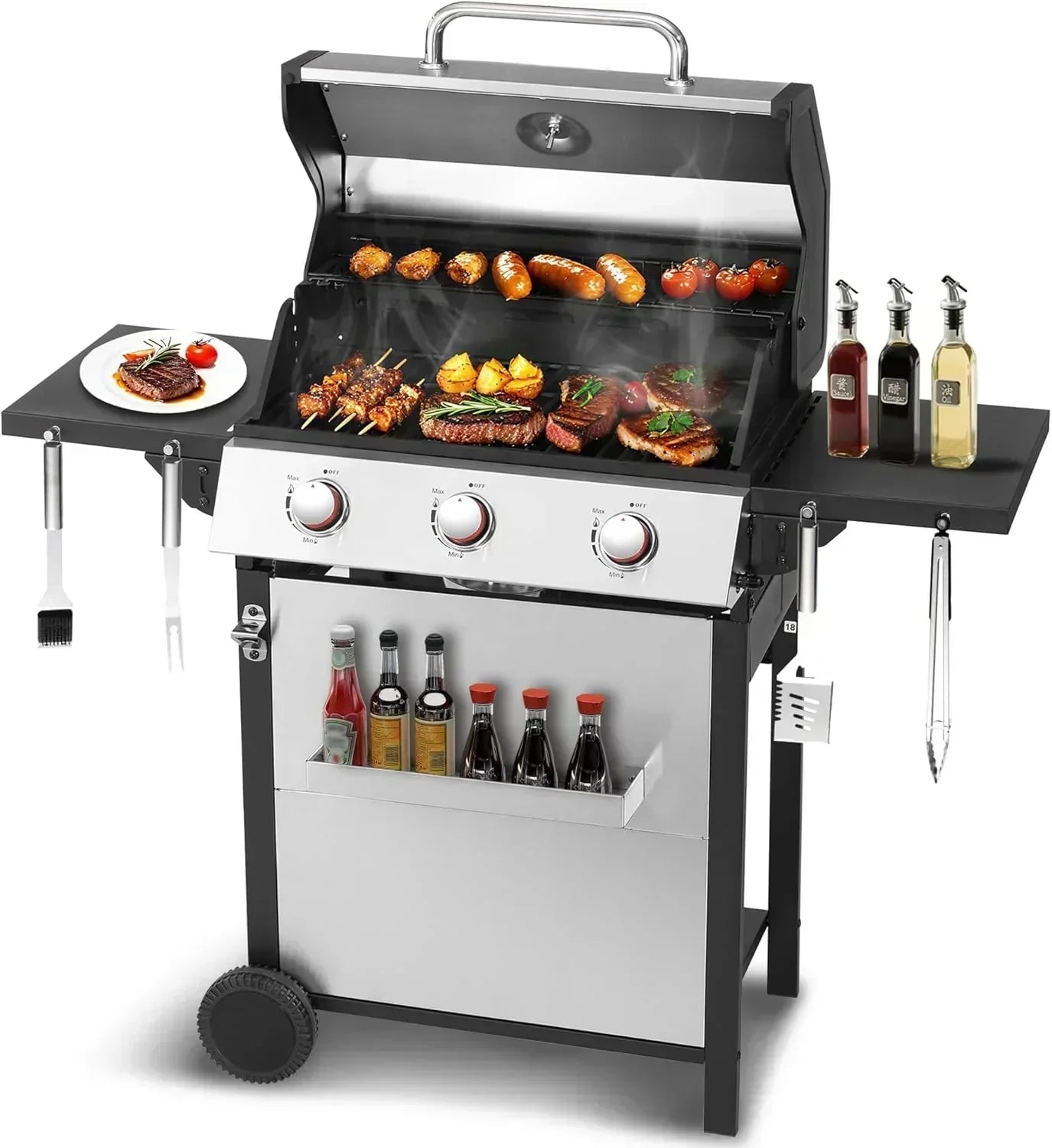 3-Burner Propane Gas Grill 30,000 BTU Output Double-layer Stainless Steel Grill Lid Cooking Grids