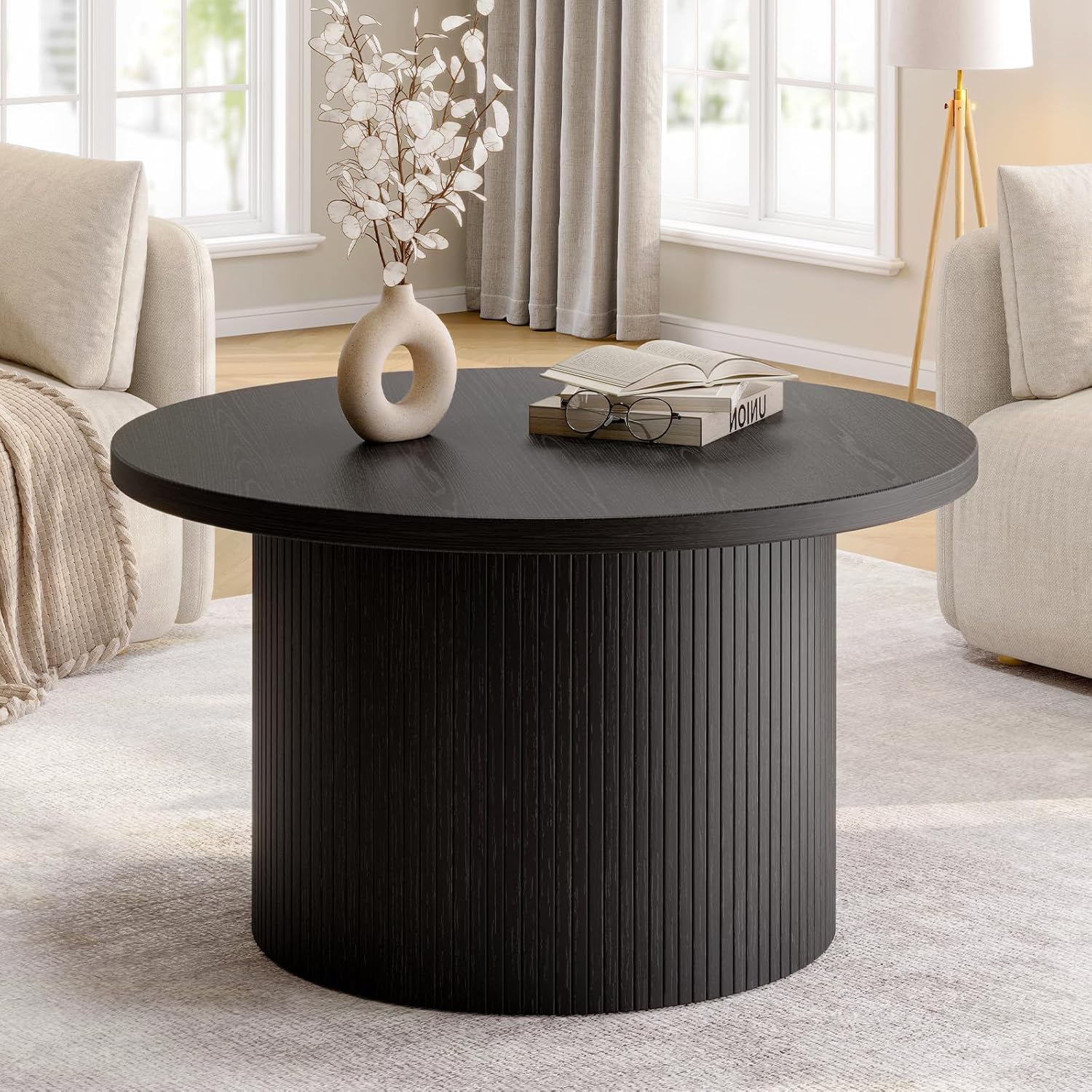 31.5 inch round coffee table living room roll-up coffee table mid-century modern wood coffee table