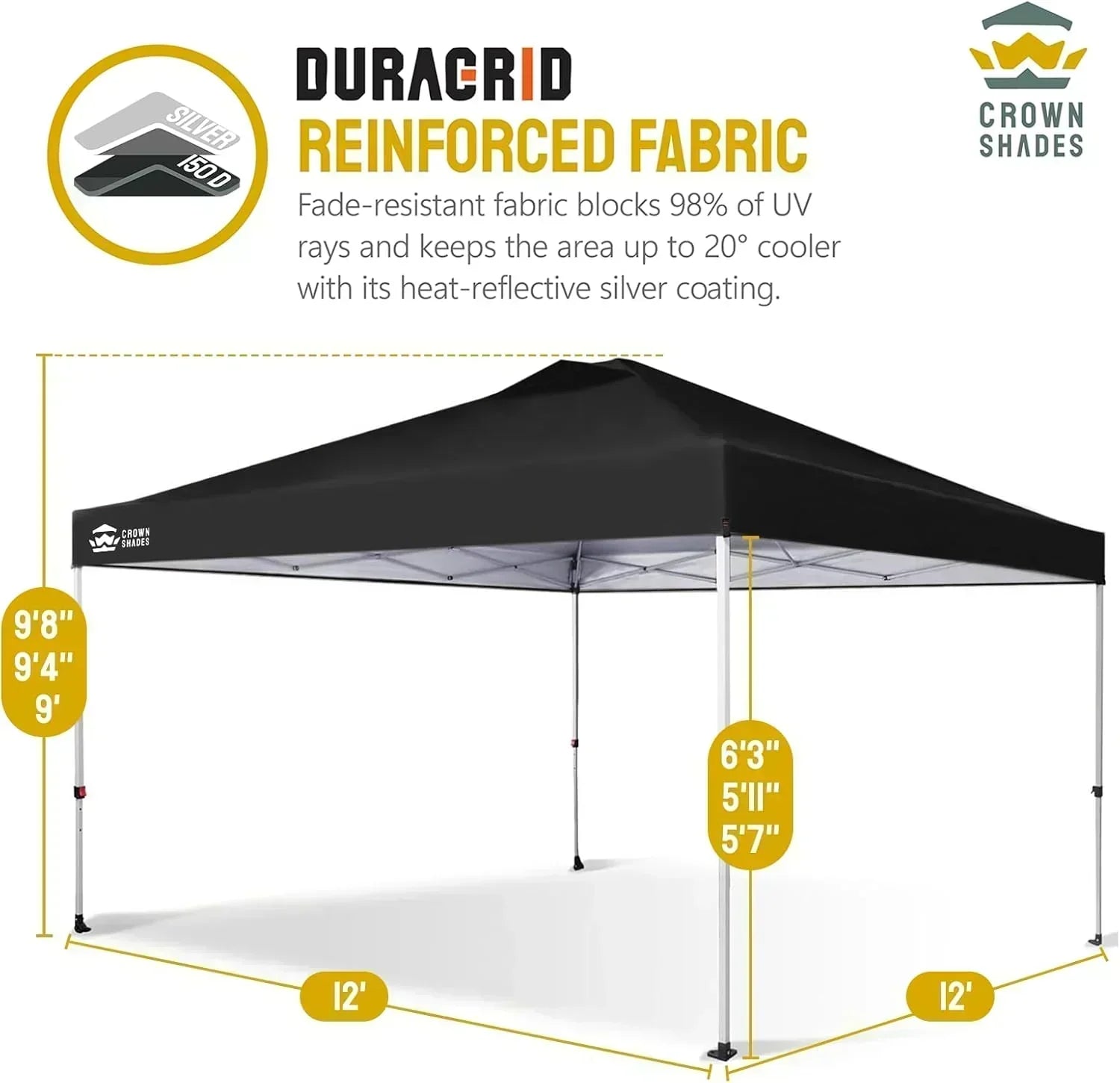 10x10 Pop-Up Awning One-Click Installation Beach Tent Outdoor Sunshade Silver Coated Top