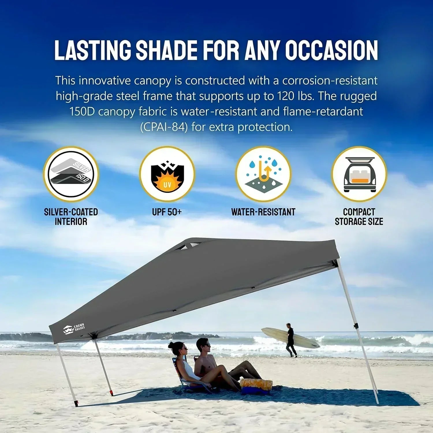 10x10 Pop-Up Awning One-Click Installation Beach Tent Outdoor Sunshade Silver Coated Top