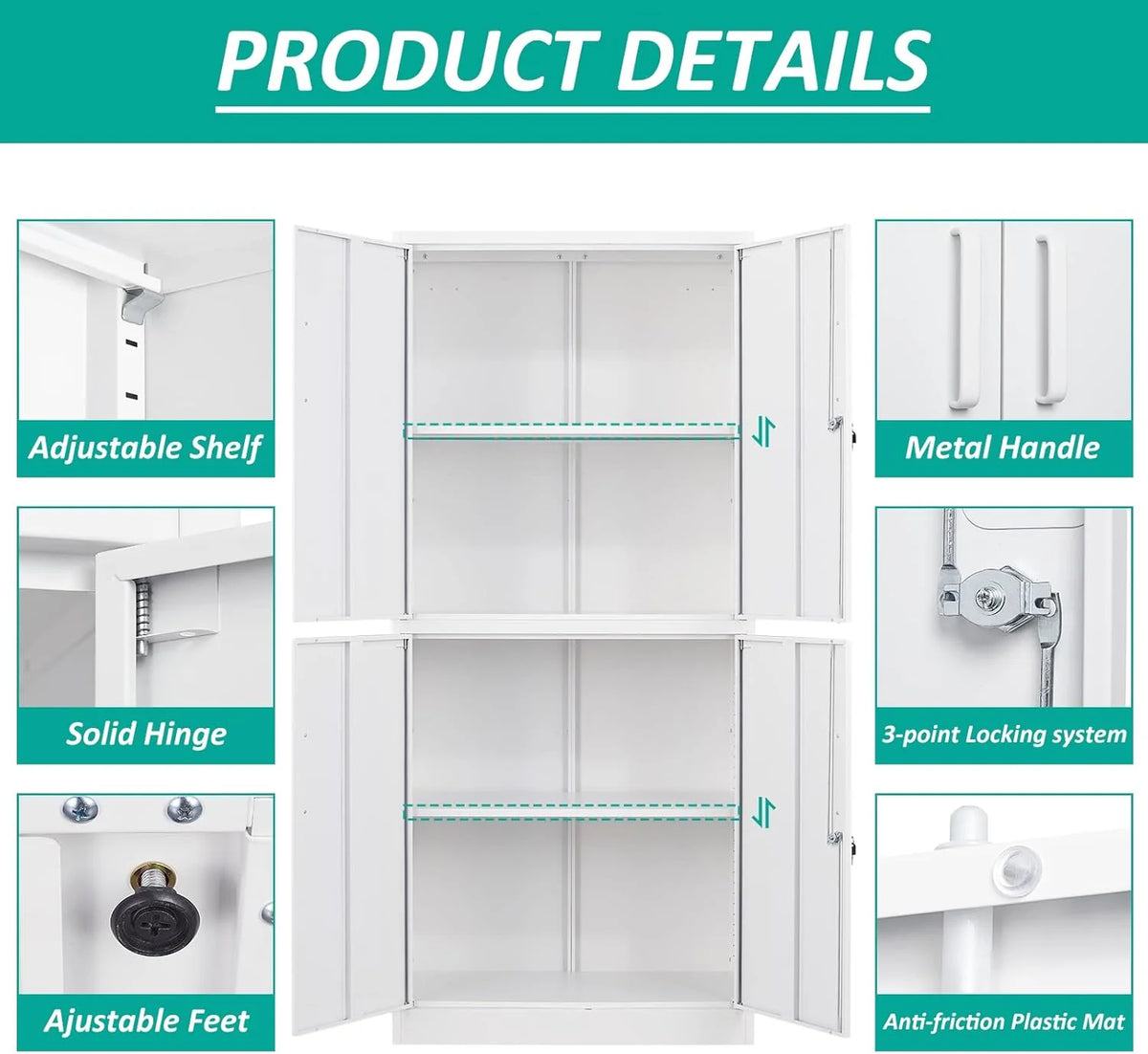 Metal Storage Cabinet with 2 Doors and 6 Shelves, Black Metal Cabinet with Lock, 71 Inch Lockable Garage Storage Cabinet