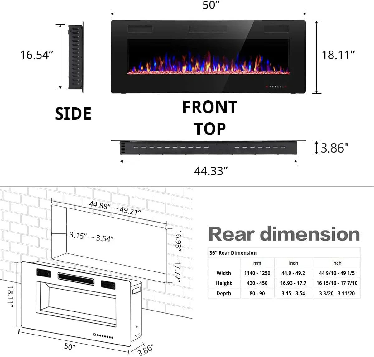 R.W.FLAME 60 Recessed and Wall Mounted Electric Fireplace Low Noise Fit for 2 x 6 Stud