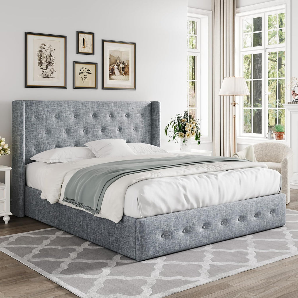Allewie Queen Size Lift Up Storage Bed Modern Wingback Headboard Hydraulic Support