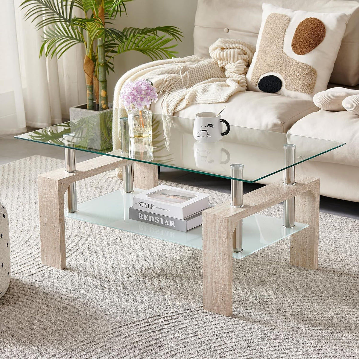 Living Room Rectangle Coffee Table, Tea Table Suitable for Waiting Room, Modern Side Coffee Table with Wooden Leg, Glass Tabletop