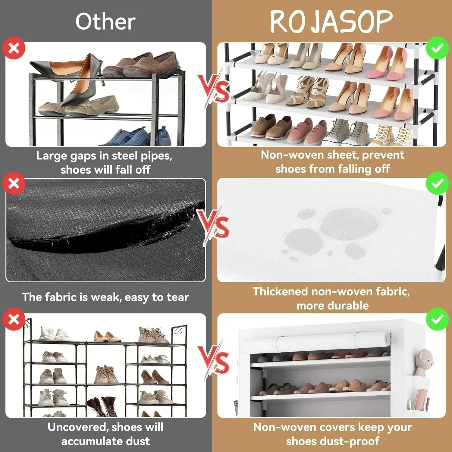 ROJASOP 10 Tier Shoe Rack with Covers Large Capacity Stackable Tall Shoe Shelf Storage
