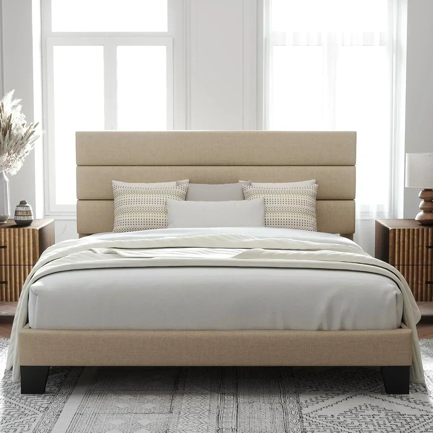 Allewie King size platform bed frame with velvet upholstered headboard and planks