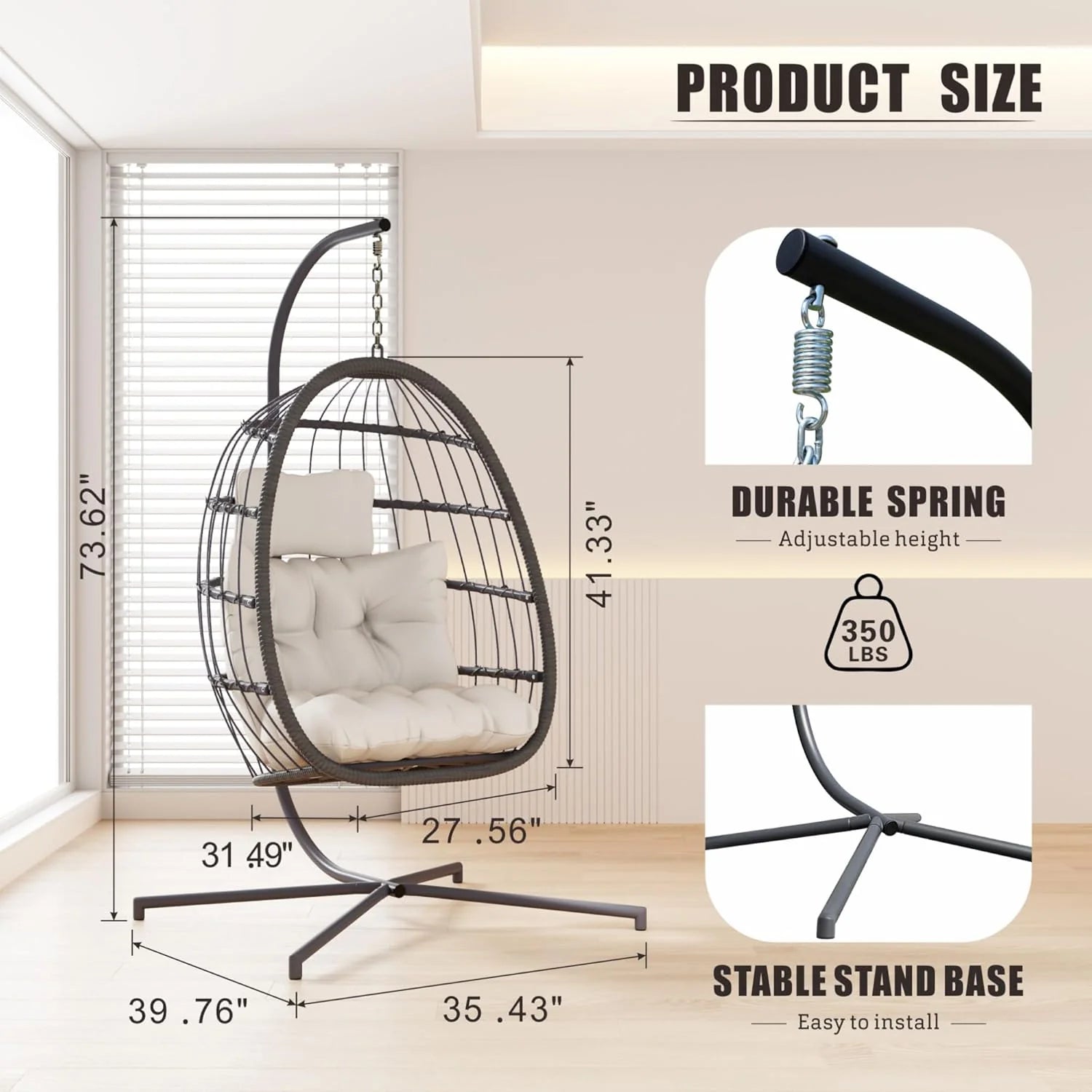 HWB Hanging Egg Chair Patio Wicker Hammock Egg Swing Chair with Cushion for Bedroom