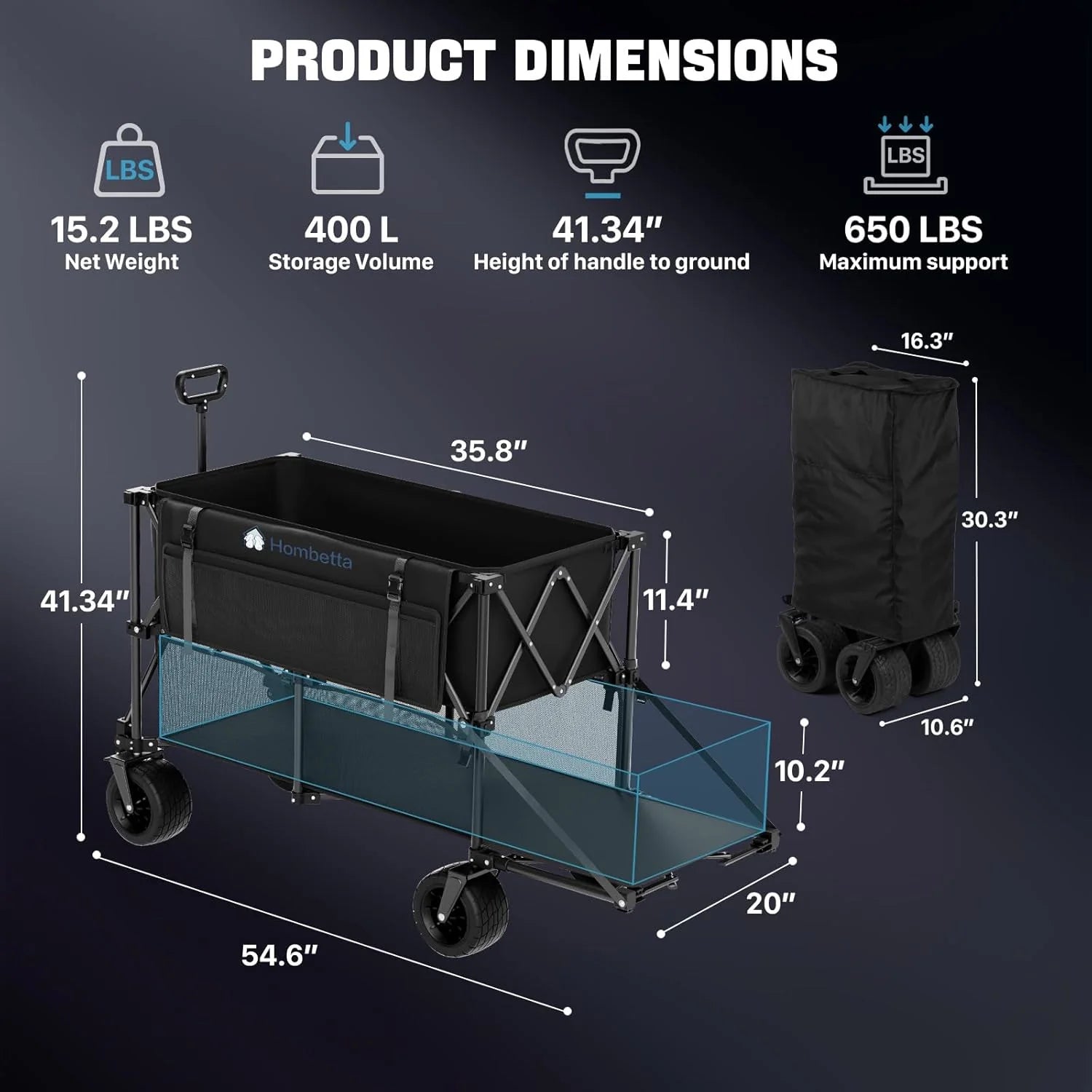 48 Extra Large Folding Travel Cart, 560 lb Capacity, 350 L Heavy Duty Utility Cart with Brakes and All-Terrain Wheels