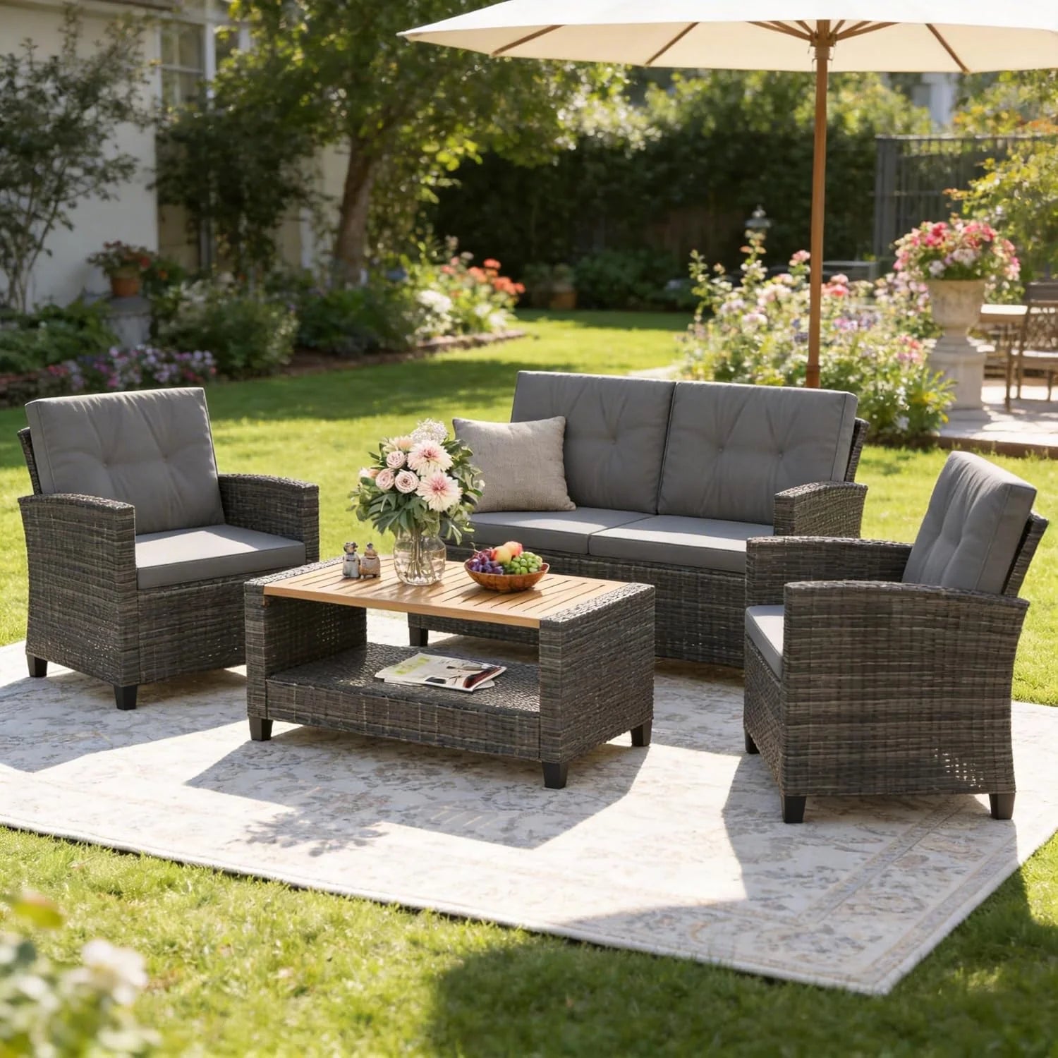 Wisteria Lane 4 Piece Patio Furniture Set, Wicker Outdoor Patio Conversation Furniture Set, All Weather Outdoor Patio Sofa with Cushion and Glass Table, Navy Blue