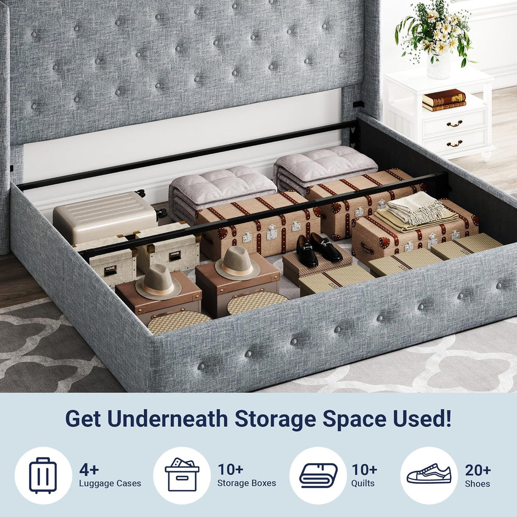 Allewie Queen Size Lift Up Storage Bed Modern Wingback Headboard Hydraulic Support