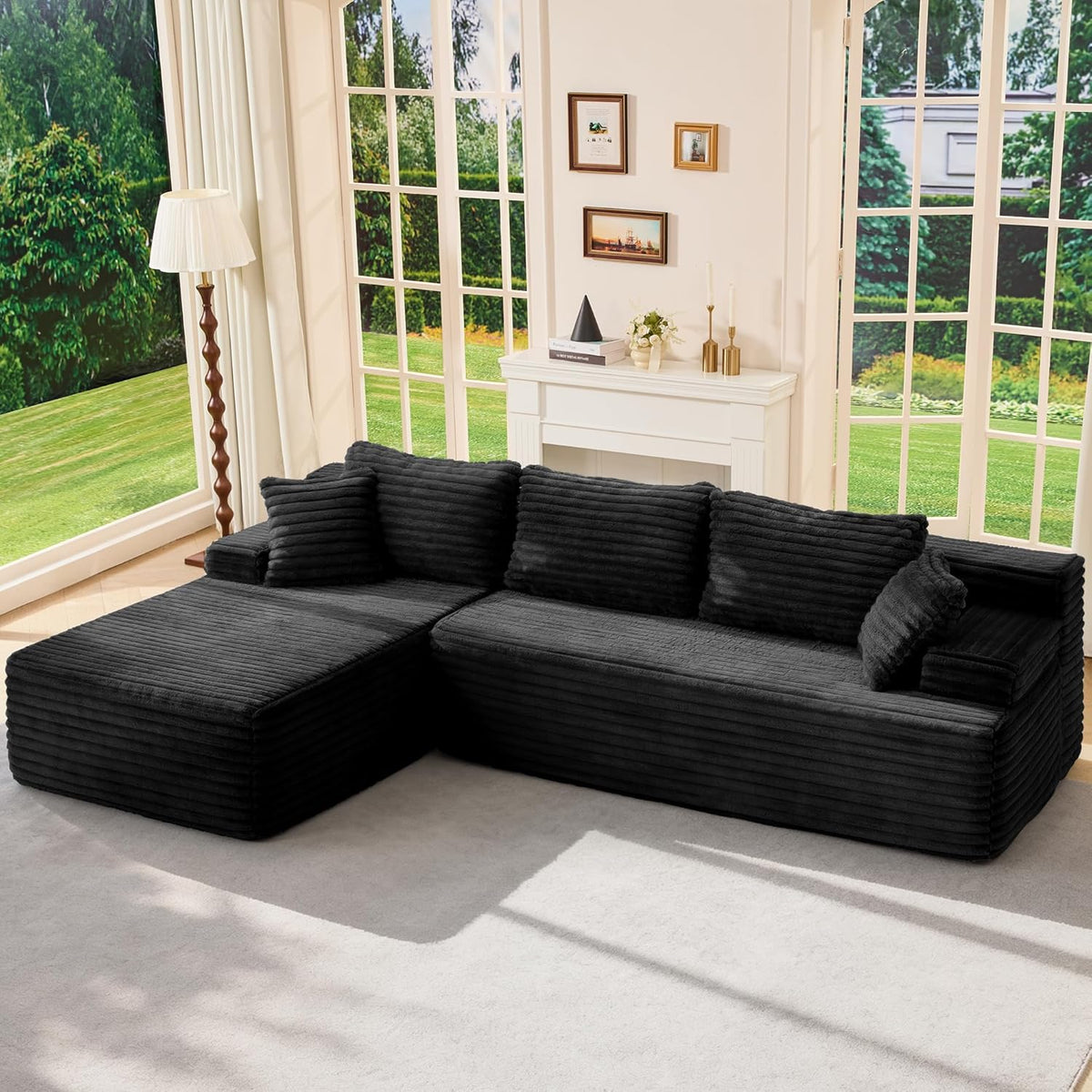 Modular Sectional Sofa Couches L-Shape Couch 3 Seat Modular Sofa Memory Foam Sectional Couches for Living Room, Cloud Couch with Oversized Chaise (Grey Stripe, 96 Left Facing Chaise)
