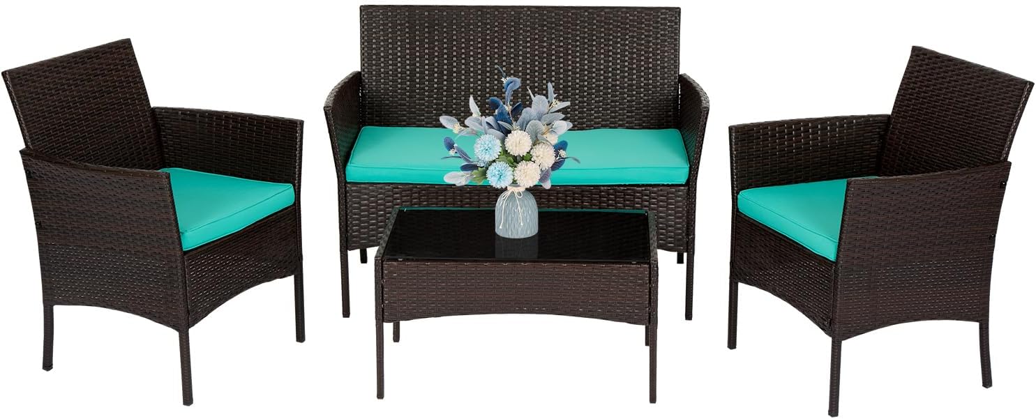 FDW | 4-Piece Patio Furniture Set | Black | Outdoor Wicker Furniture with Coffee Table | Modern Rattan Chairs Conversation Set | Outdoor Seating | Weather-Resistant | for Porch, Garden, Lawn