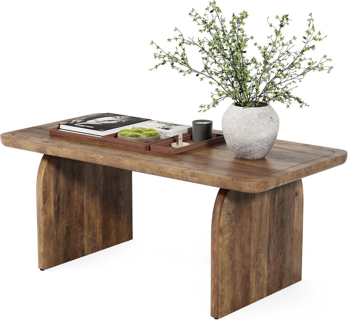 LITTLE TREE Farmhouse Coffee Table 47 Inch Round Corner Wood Center Table Rectangular
