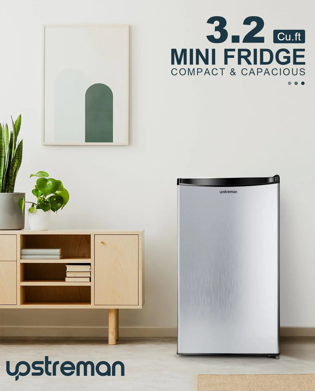 Upstreman 3.2 Cu.Ft Mini Fridge with Freezer, Single Door Mini Fridge, Dorm Fridge, Adjustable Thermostat, Mini Refrigerator