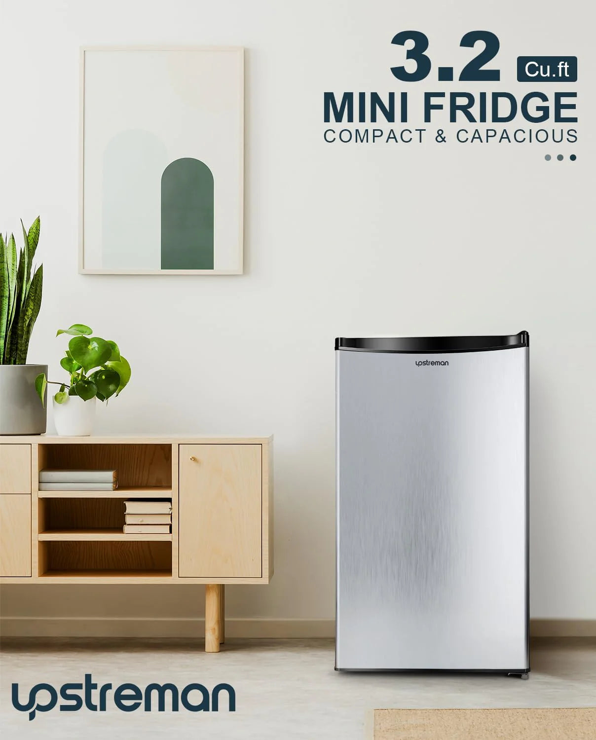 Upstreman 3.2 Cu.Ft Mini Fridge with Freezer, Single Door Mini Fridge, Dorm Fridge, Adjustable Thermostat, Mini Refrigerator