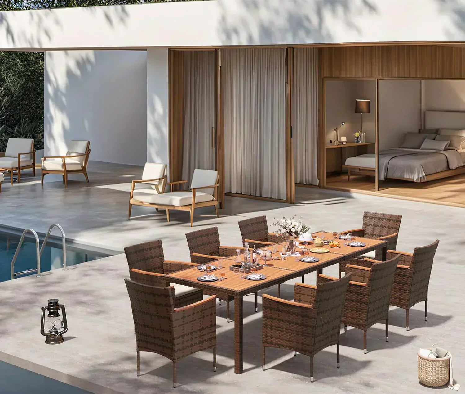 Devoko Dining 7 PCS Furniture Patio Conversation Set with Acacia Wood Table Top Rattan Outdoor