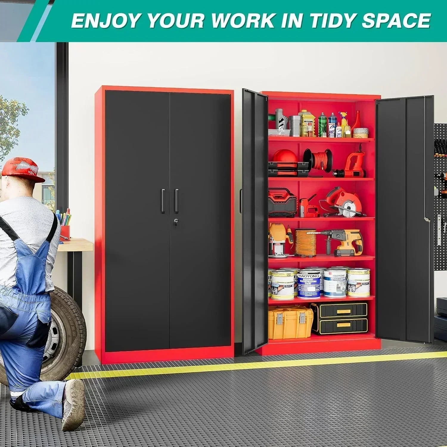 Metal Storage Cabinet with 2 Doors and 6 Shelves Black Metal Cabinet Garage Storage Cabinet