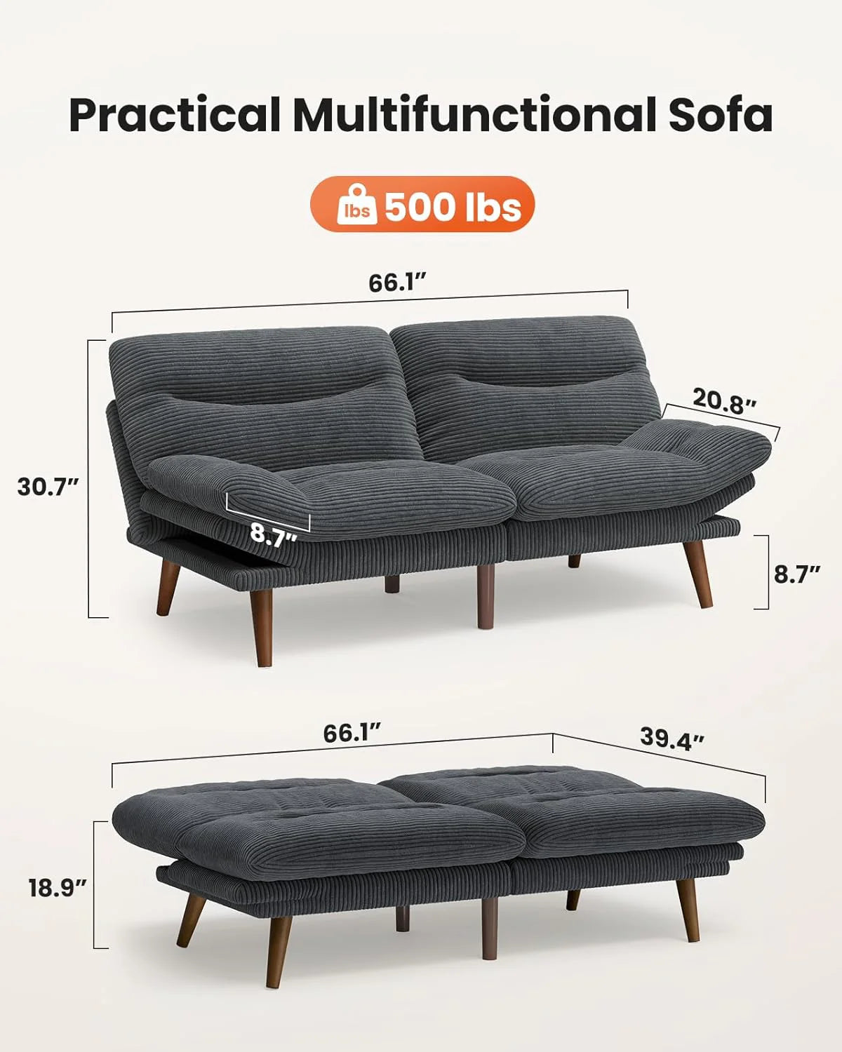 Pipishell Convertible Futon Sofa Bed,66 Corduroy Futon Couch with Adjustable Backrest and Armrests, Recliner Sleeper Sofa for Small Spaces, Play Room or Office, Grey