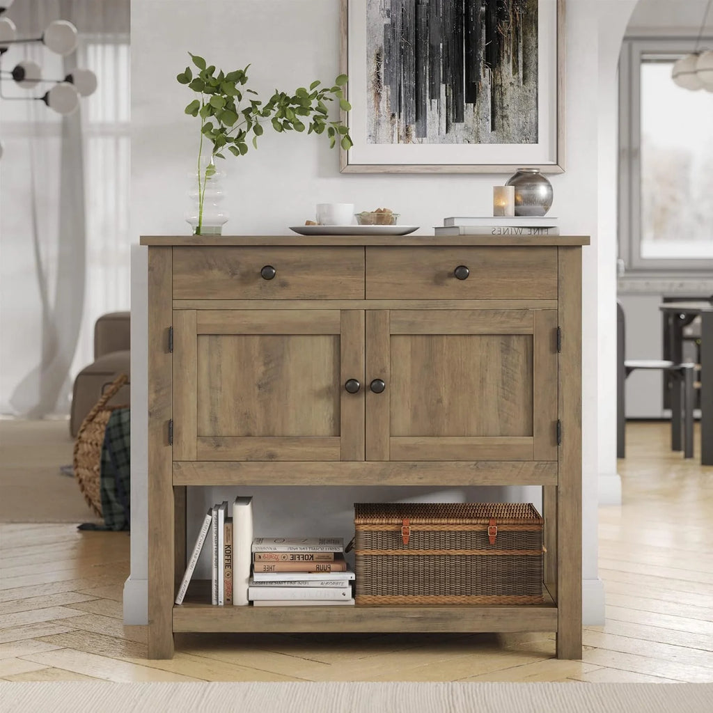 Farmhouse style console table coffee bar, entry table with storage rack, sofa table buffet sideboard