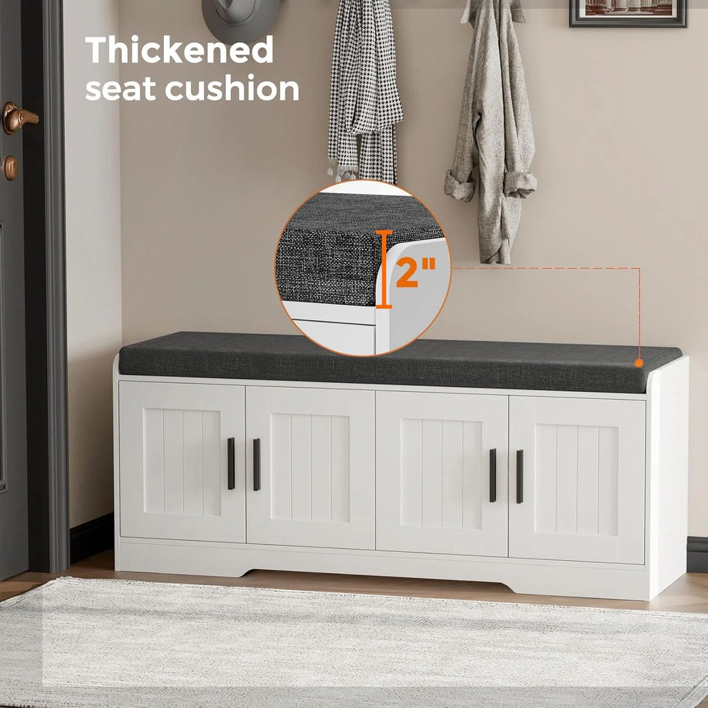 2-Tier Storage Bench, Shoe Bench with Thickened Padded Seat Cushion, Entryway Bench with 4 Doors, Adjustable Shelf, 13.8 D x 45.3 W x 18.5 H, for Entryway, Living Room, Bedroom, White