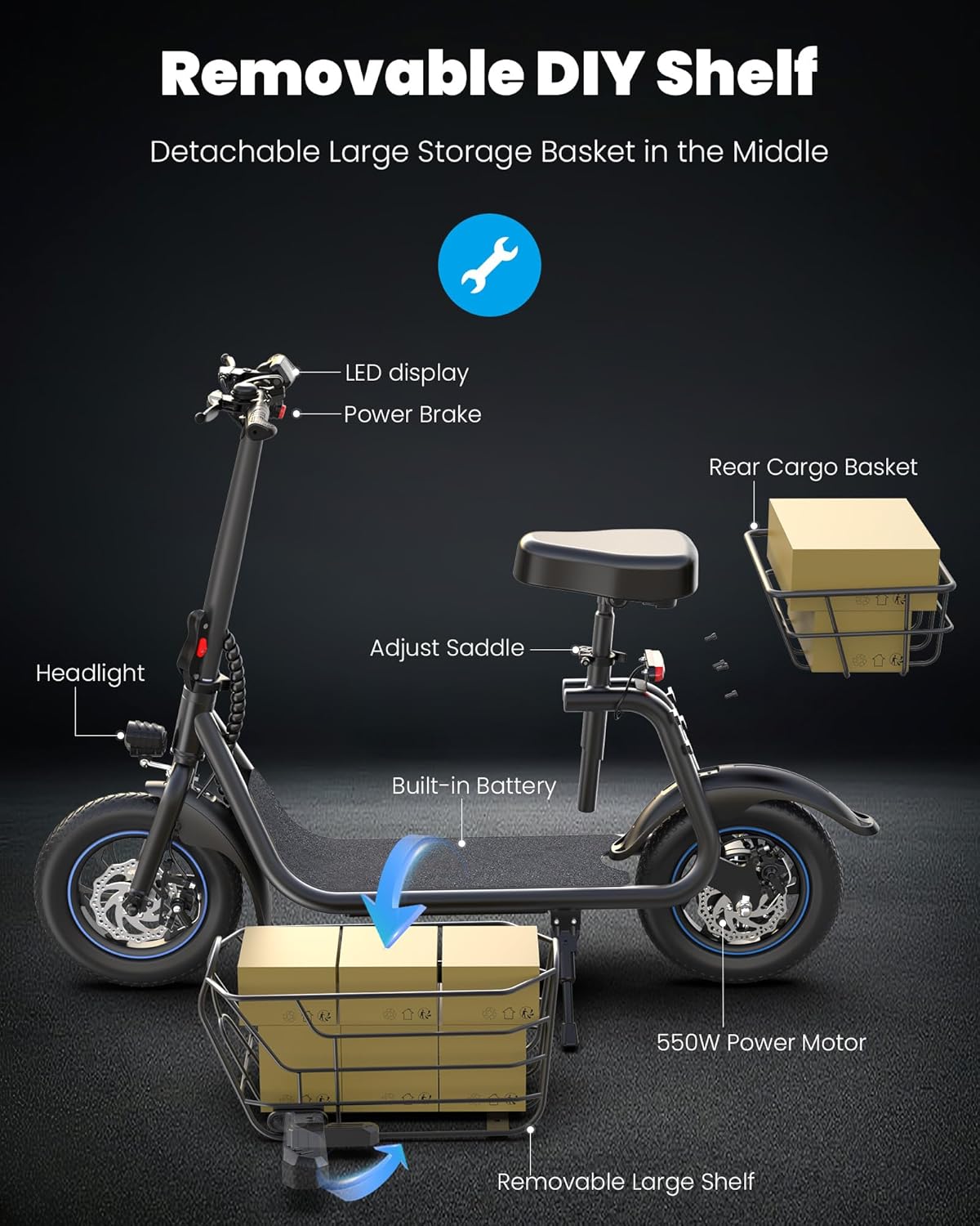 Gyroor Adult Electric Scooter with Large Center Basket 20 Mile Range Foldable and Seat