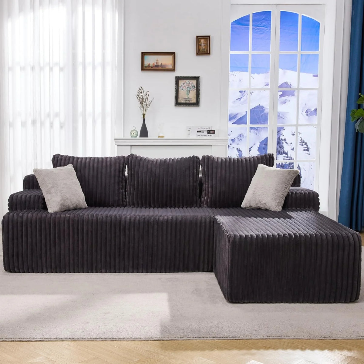 Modular Sectional Sofa Couches L-Shape Couch 3 Seat Modular Sofa Memory Foam Sectional Couches for Living Room, Cloud Couch with Oversized Chaise (Grey Stripe, 96 Left Facing Chaise)
