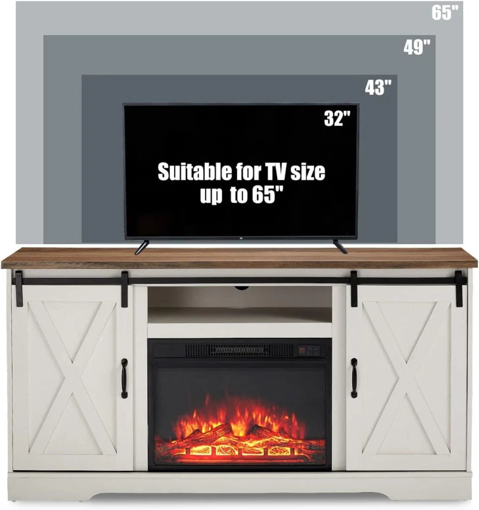 AMERLIFE Fireplace TV Stand with Sliding Barn Door for TVs up to 73, Farmhouse 63 Fireplace Entertainment Center with Storage Cabinets/Adjustable Shelves