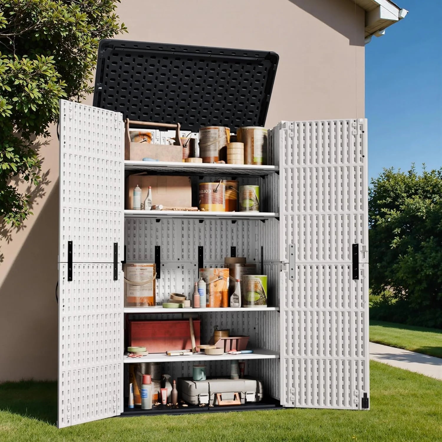 Greesum Outdoor Horizontal Storage Shed 27 Cu.ft Resin Large Storage Box for Garden Patio