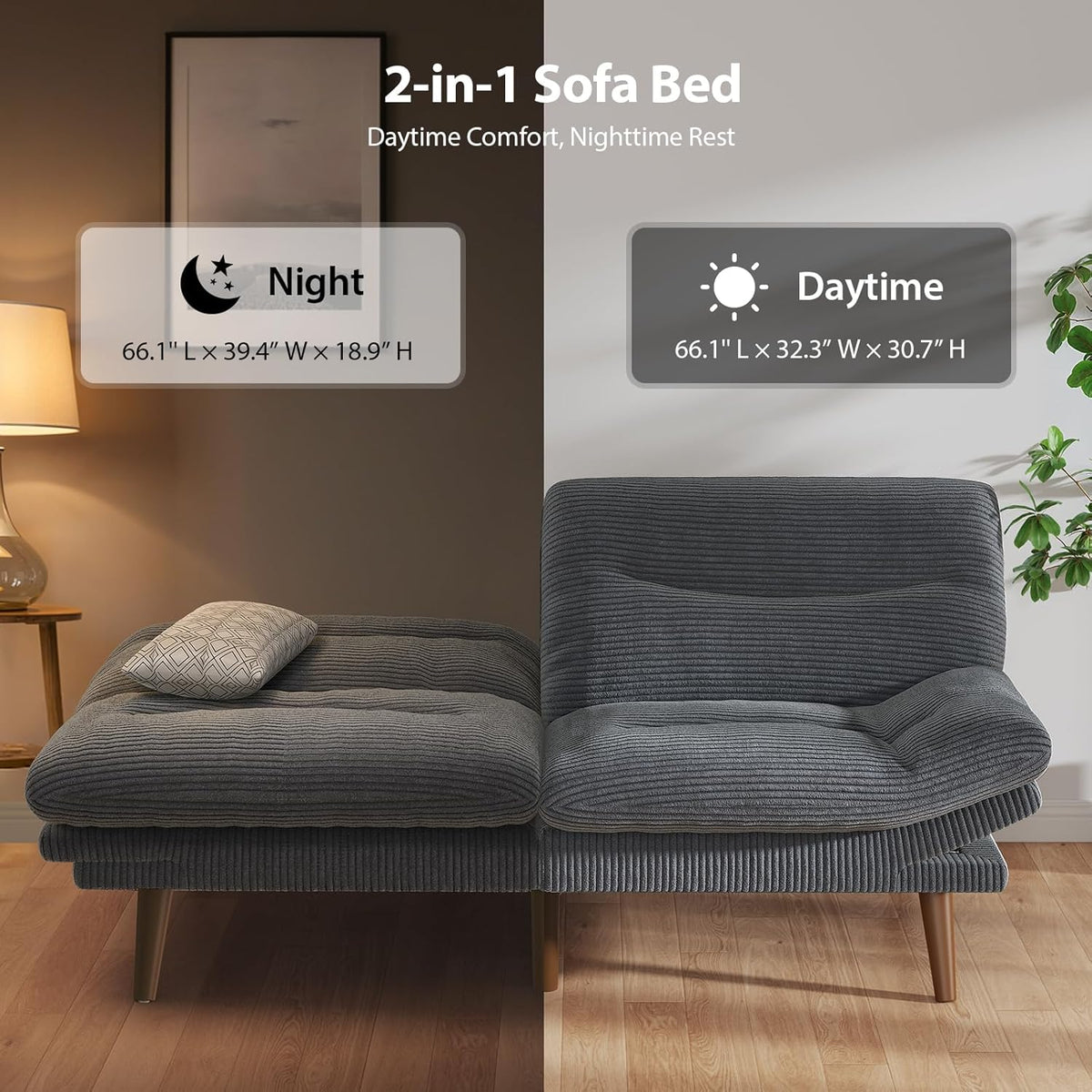 Convertible Futon Sofa Bed, 66 Inch Corduroy Futon Sofa Recliner Sofa Bed for Small Spaces, Playrooms or Offices