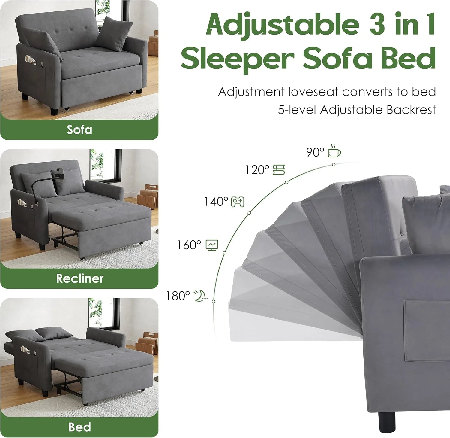 Sleeper Sofa Bed, 3 in 1 Convertible Sleeper Couch Bed Pull Out, Small Loveseat Sofa, Futon Sofa Bed Full Size, 46 Velvet Love Seat