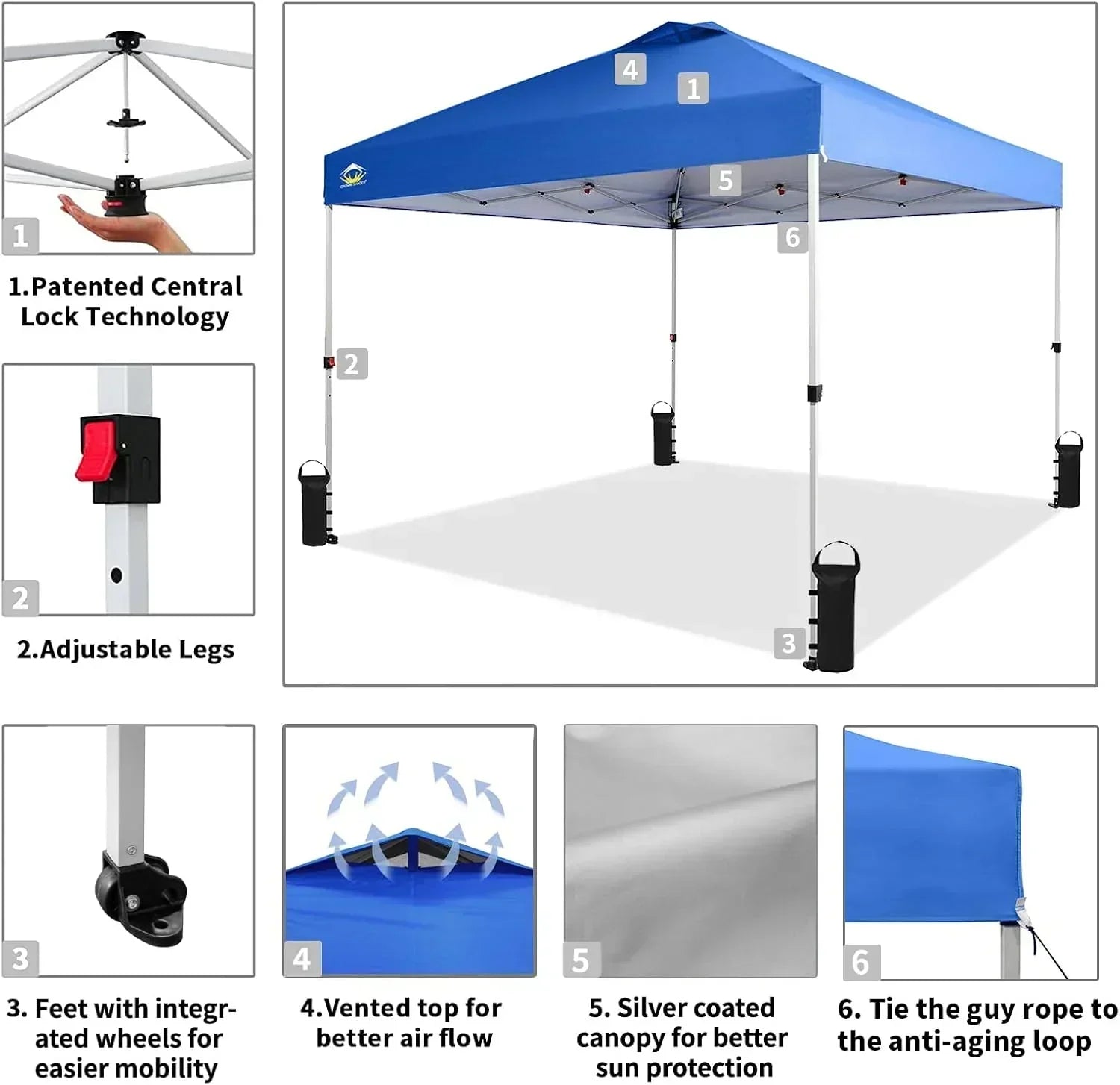 10x10 Pop-Up Awning One-Click Installation Beach Tent Outdoor Sunshade Silver Coated Top