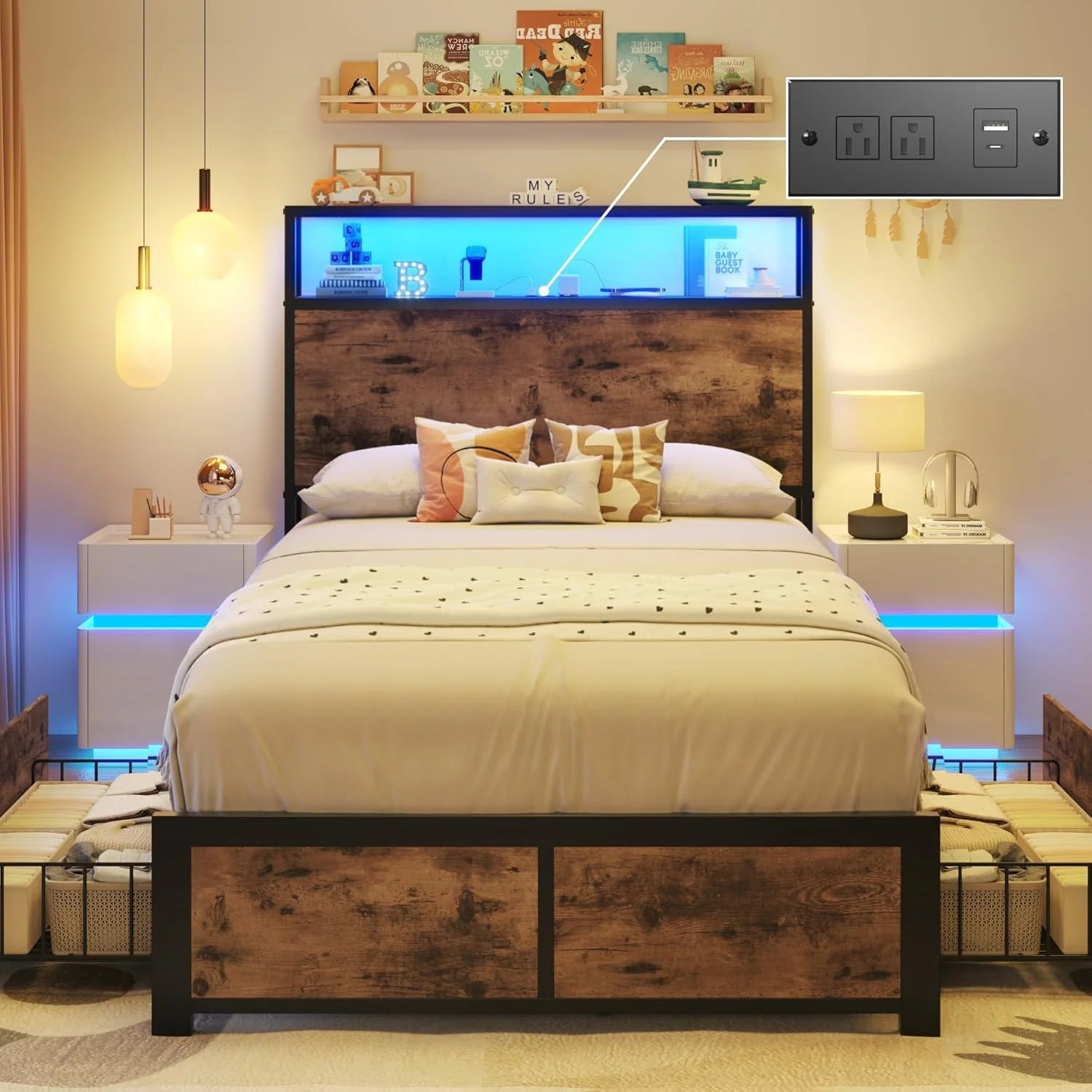 Lifezone Queen Bed Frame with 2-Tier Storage Headboard, Metal Platform Bed Frame with 4 Storage Drawers, Built in Charging Station & LED, Noise-Free/Metal Support/No Box Spring Needed