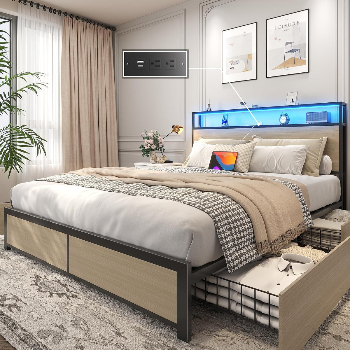 Lifezone Queen Bed Frame with 2-Tier Storage Headboard, Metal Platform Bed Frame with 4 Storage Drawers, Built in Charging Station & LED, Noise-Free/Metal Support/No Box Spring Needed