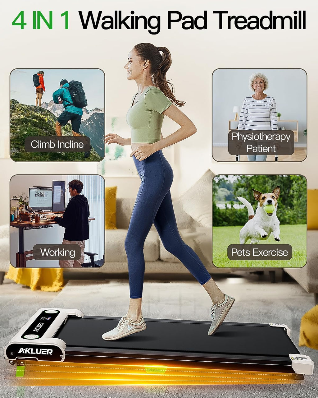 Akluer Inclined Home Treadmill 2.5 HP Small Under-Desk Treadmill Remote Control LED Display