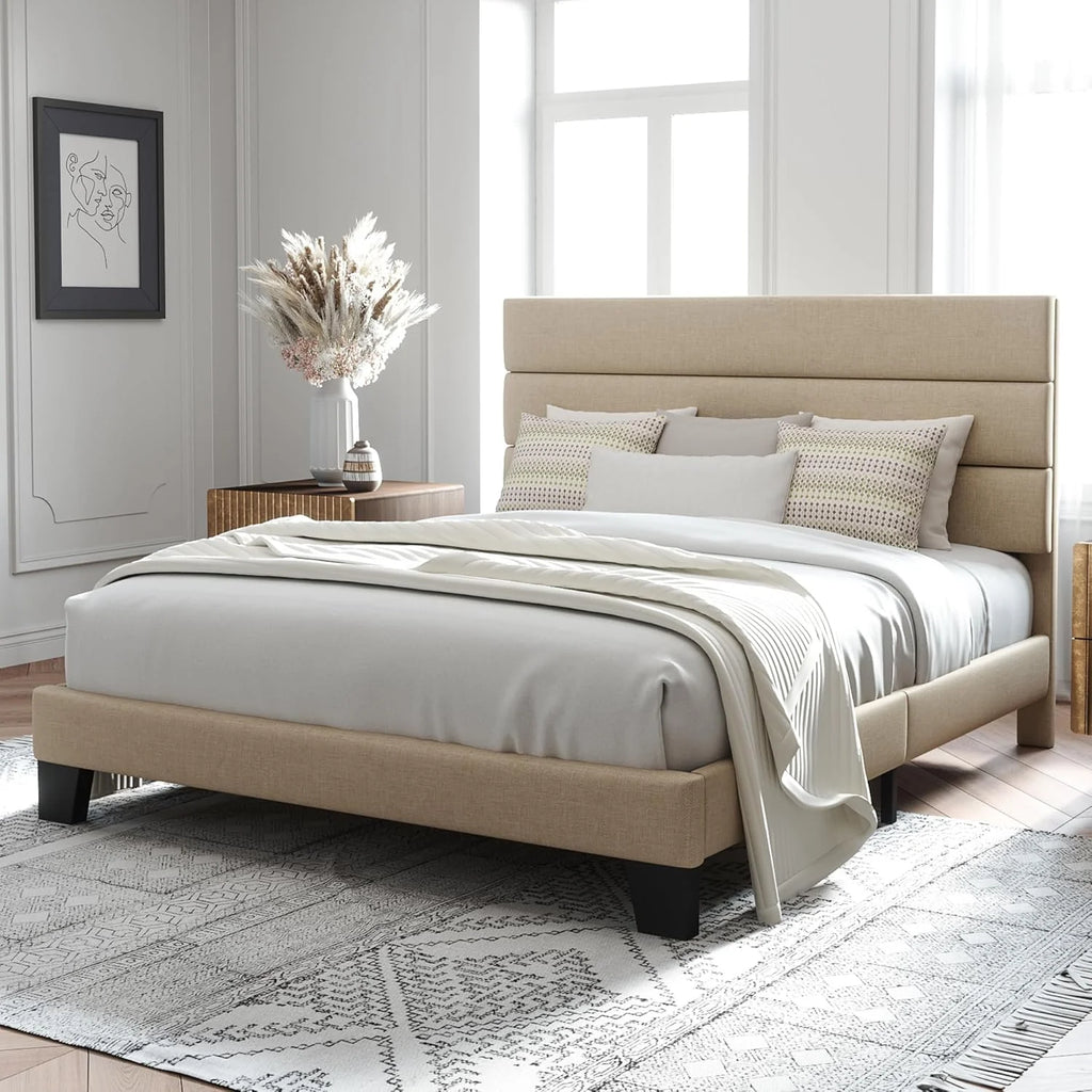 Allewie Queen Size Platform Bed Frame Fabric Upholstered Headboard Wooden Slats Support