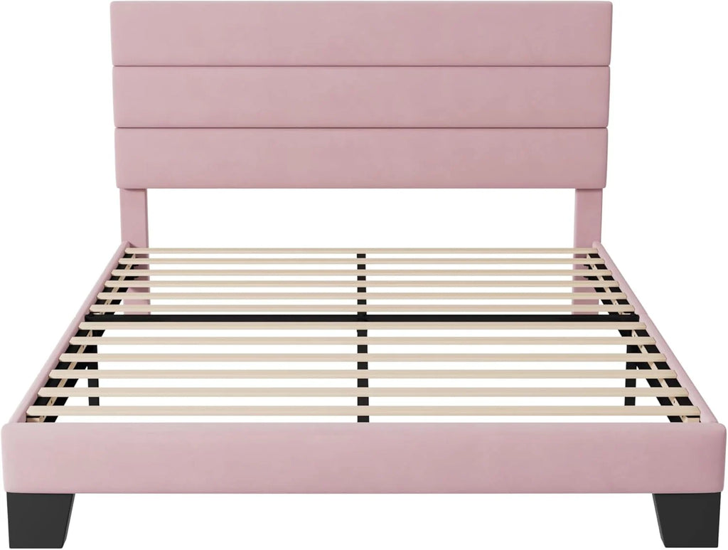 Allewie Queen Size Platform Bed Frame Fabric Upholstered Headboard Wooden Slats Support