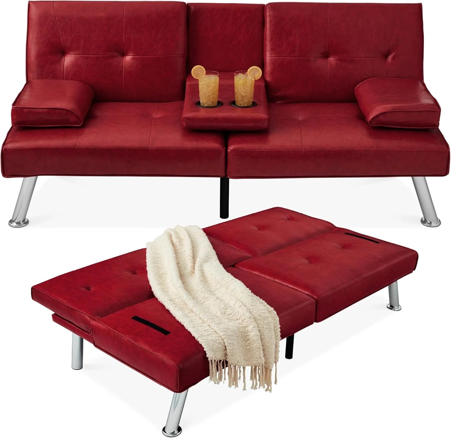 Best Choice Products Faux Leather Upholstered Modern Convertible Futon, Adjustable Folding Sofa Bed